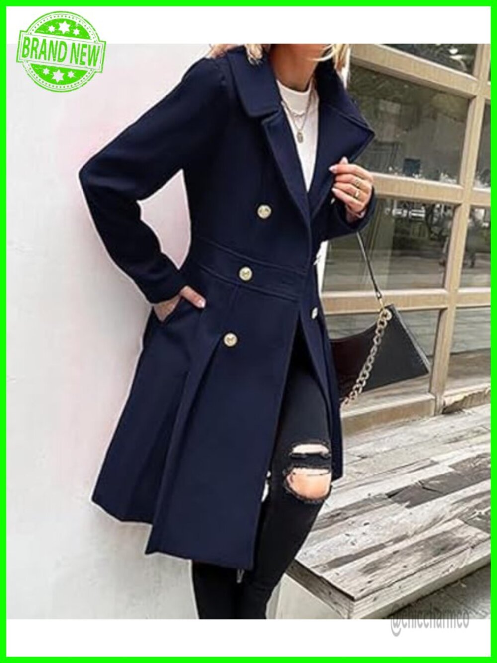Double Breasted Trench Coat Notch Lapel A-Line Pleated Wool Blend Pea Coat - Picture 4 of 5